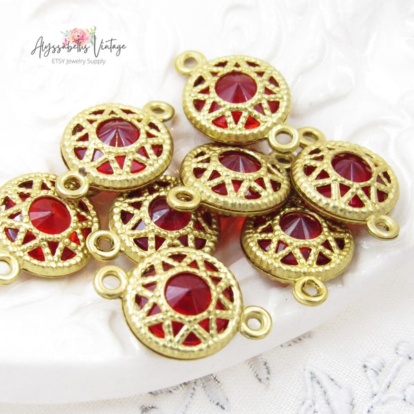 Vintage Filigree Brass Wrapped Transparent Ruby Red Lucite Acrylic Jewel Connectors Beads 16x11mm - 6