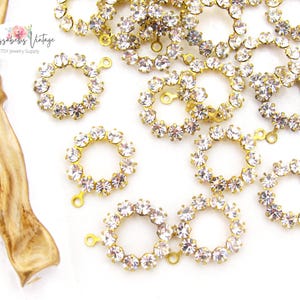 Vintage Austrian Clear Crystal Rhinestone & Brass Round Circle Charms, 1 Ring 11mm Hoop Findings Earring Drops - 4