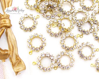 Vintage Austrian Clear Crystal Rhinestone & Brass Round Circle Charms, 1 Ring 11mm Hoop Findings Earring Drops - 4