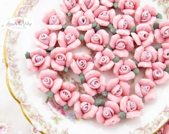 Vintage 11mm Pink and Purple Porcelain Rose Cabochons, Matte Bisque Ceramic Flower Embellishments - 6
