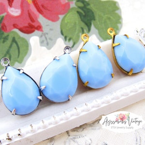 Vintage Opaque Light Blue Faceted Glass Stone 1 Loop Brass