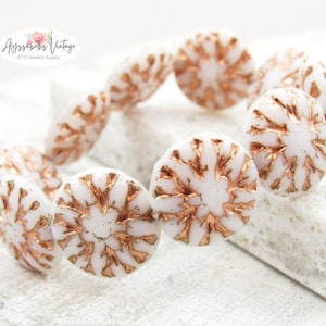 SALE White & Copper Wash Dahlia Coin Beads 14mm Pressed Glass Flower Embossed Round Beads - 10