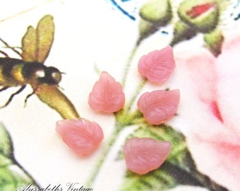 Small Vintage Pink Moonstone Glass Leaf Cabochons Stones, Pressed Czech Glass Leaves 8x6mm - 10