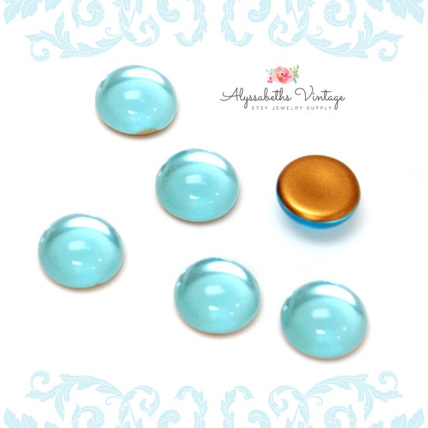 Vintage Transparent Aqua Blue 9mm Round Preciosa Glass Cabochons Flat Back Dome Stones - 6