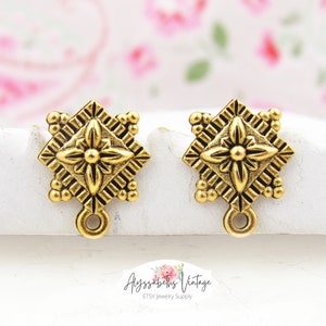 Antique Gold Plated Baroque Style Floral Pewter Earring Posts with Loop Boho Ear Studs Post Earring Findings Jewelry Supply - 2