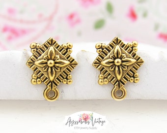 Antique Gold Plated Baroque Style Floral Pewter Earring Posts with Loop Boho Ear Studs Post Earring Findings Jewelry Supply - 2