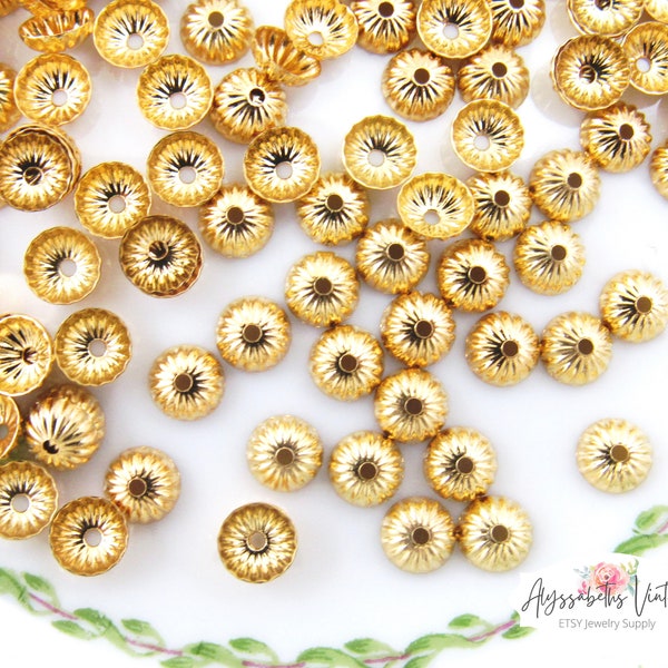 Little Gold Plated Corrugated Domed 5mm Bead Caps Ribbed Golden Tiny Rounded Bead Caps - 30