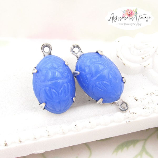 Vintage Calcedon Blue Oval Scarab Carved Glass Stones 14x10mm Victorian Style Set Cabochons with Hieroglyphs - 2