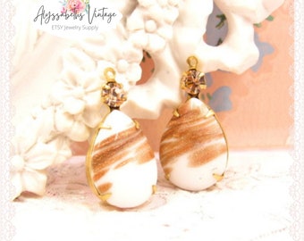 Retro Vintage Opaque White & Gold Fleck Pear with Peach Austrian Rhinestone Drops 26x13mm Teardrop Earring Dangles - 2