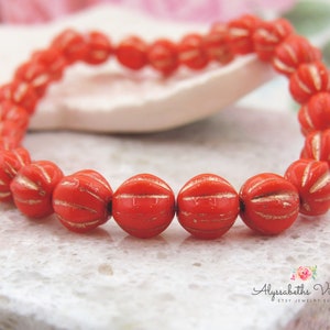 Coral with Gold Wash 6mm Melon Round Glass Beads Czech Ribbed Pressed Glass Antiqued Gold Opaque Orange  - 25