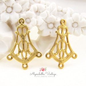 Vintage Style Art Deco 4 Ring Brass Chandelier Earring Dangle Connectors Drops Raw Brass - 6