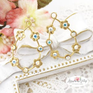 Flower Filigree with AB Crystal Rhinestones Teardrop Hoop Earring Dangles, Floral Pendant 32x20mm Antique Brass or Raw Brass - Pair