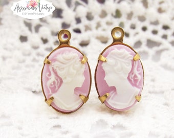 Purple Lilac & White Female Silhouette Cameo 14x10mm Cameo Charms or Connectors, Resin Neo Classical Cameo Set Cabochons - Pair