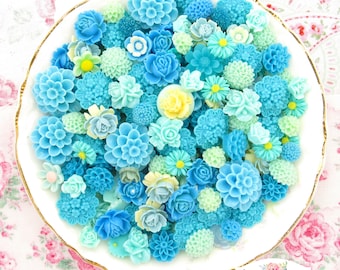 Shades of Aqua Blue Resin Flower Cabochon Mix, Floral Grab Bag Roses, Mum, Daisy Flat Back Variety Pack 20 Floral Blossoms Embellishments
