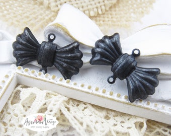 Antique Black Art Deco Bow Tie Connector, Rustic Black Ribbon 2 Ring Link Earring Findings - 4