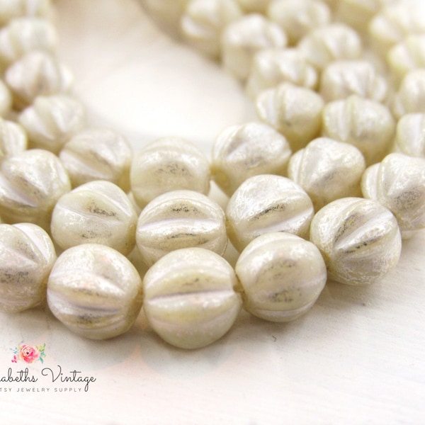 Opaque Ivory & Silver Mercury Wash 6mm Melon Round Beads Czech Antiqued Cream Ribbed Pressed Glass - 25