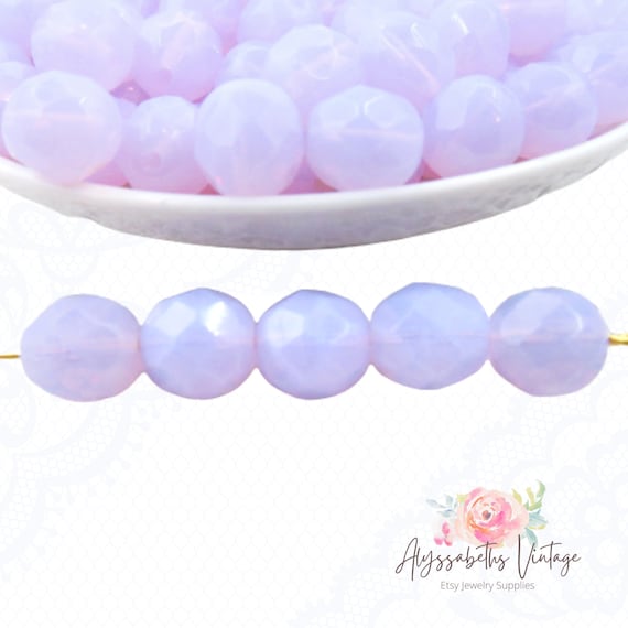 8mm Faceted Round Violet Opal Beads, Preciosa Czech Glass Fire Polished Beads Milky Purple - 20