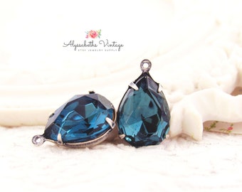 Vintage Pear Rhinestone Montana Blue 15x11mm Teardrop Glass Stones in Brass, Silver Ox, Antique Brass Settings - 2