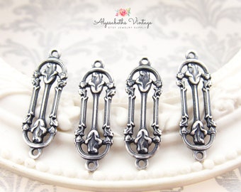 Antique Silver Victorian Floral Links Rosebud Long Oval Connectors Links US Made Silver Ox Rose Stamping - 4