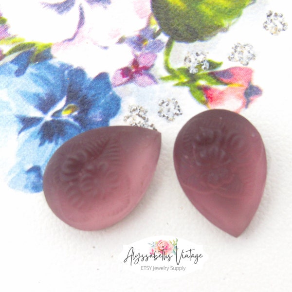 Vintage Matte Purple Amethyst Floral Embossed 18x13mm Glass Pear Stones, Frosted Pressed Glass Teardrop Jewels Flower & Leaf Relief - 2 pcs