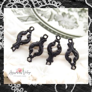 Black Patina Ornate Petite Baroque Flourish Filigree 2 ring Connectors, Aged Black Art Nouveau Vine Embossed Links 16x7mm - 6