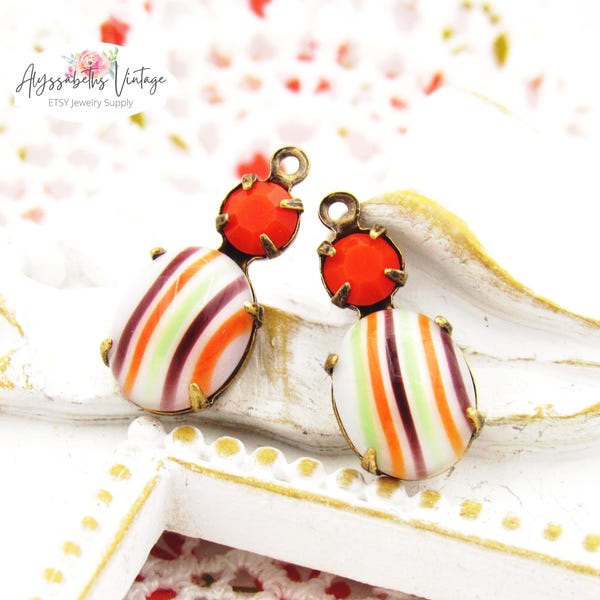 Vintage höstfärgade orange randiga ovala månstens- och korallörhängen med strass, 18 x 8 mm, dubbla kristallberlocker, droppar - 2 st