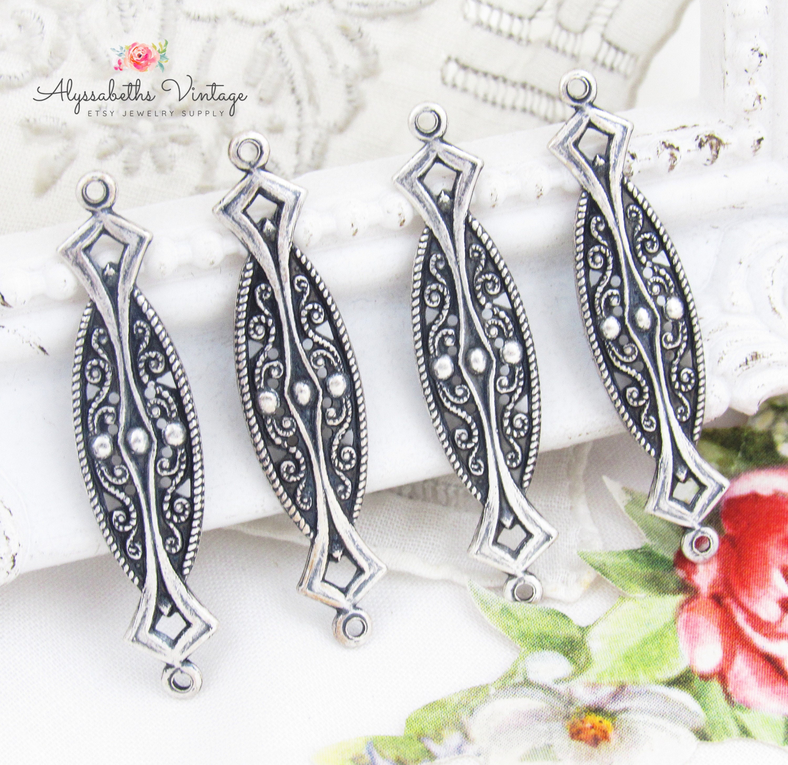 Silver Filigree Antique Jewellery Antique Silver Ornate Art Deco Filigree  Scroll Embossed Silver Ox Connectors, Victorian, image size:3000x2912