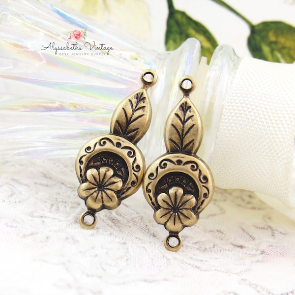 Brass Ox Art Deco Botanical Flower and Leaf Embossed Antique Brass Connectors, Floral Earring Link Findings 19x10mm - 4