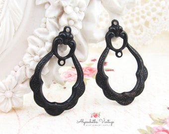 Elegant Antiqued Black Art Deco Scalloped Edge Fan Pattern Embossed & Fleur de Lis Aged Black Earring Dangles 35x23mm - 4