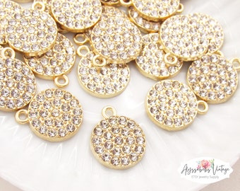 SALE Modern Gold and Rhinestone Pave Disc Charms, CZ Micro Pave Round Drops 17x14mm Crystal Coin Focal Tag Pendant - 4