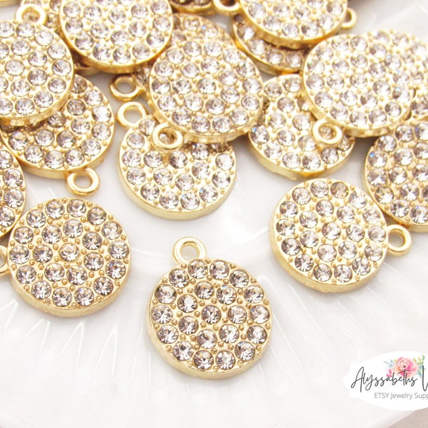 Modern Gold and Rhinestone Pave Disc Charms, CZ Micro Pave Round Drops 17x14mm Crystal Coin Focal Tag Pendant - 4