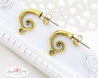 Antique Gold Plated Curled Tendril Hoop Stud Pewter Earring Post with Loop Earwire Findings Jewelry Supplies 18k Gold Plate - 2