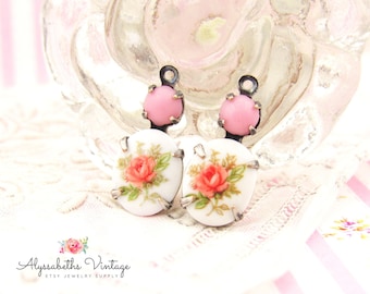 Vintage Pink Rose Oval Limoge Cameo & Opaque Pink Round Glass Stone Drops Brass, Black, Antique Brass or Silver Charm Settings 18x8mm - 2