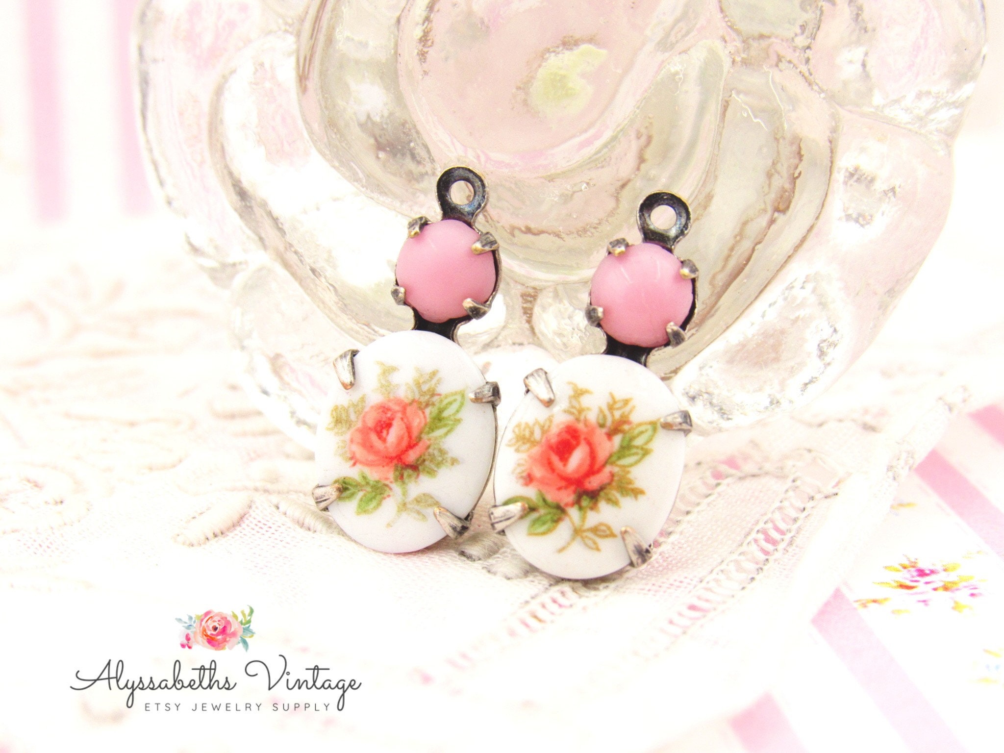 Vintage Pink Rose Oval Limoge Cameo & Opaque Pink Round Glass Stone D…