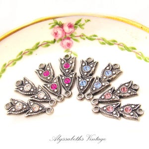 Art Deco Petite Antique Silver Victorian Leaf & Rhinestone Connectors 16x6mm Silver Ox Links – Choice of 22 Birthstone Rhinestone Colors image 1