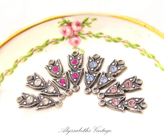 Art Deco Petite Antique Silver Victorian Leaf & Rhinestone Connectors 16x6mm Silver Ox Links – Choice of 22 Birthstone Rhinestone Colors