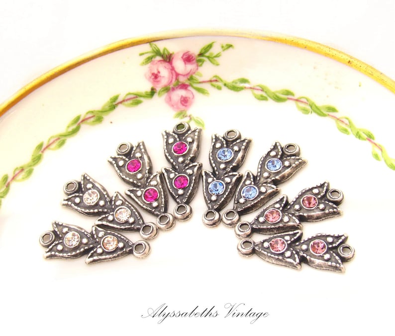 Art Deco Petite Antique Silver Victorian Leaf & Rhinestone Connectors 16x6mm Silver Ox Links – Choice of 22 Birthstone Rhinestone Colors image 1