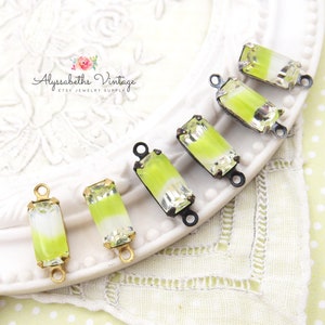 Vintage groen Givre 10 x 5 mm gefacetteerde achthoek stenen, strass druppel of verbindingsstuk ruw messing, zwart of antiekzilver zettingen: 4