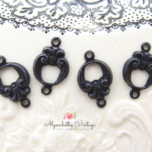 Ornate Antique Black Victorian Art Deco Fleur de Lis Connectors 2 Ring Round Aged Patina Earring 16x9mm Links 6 image 3