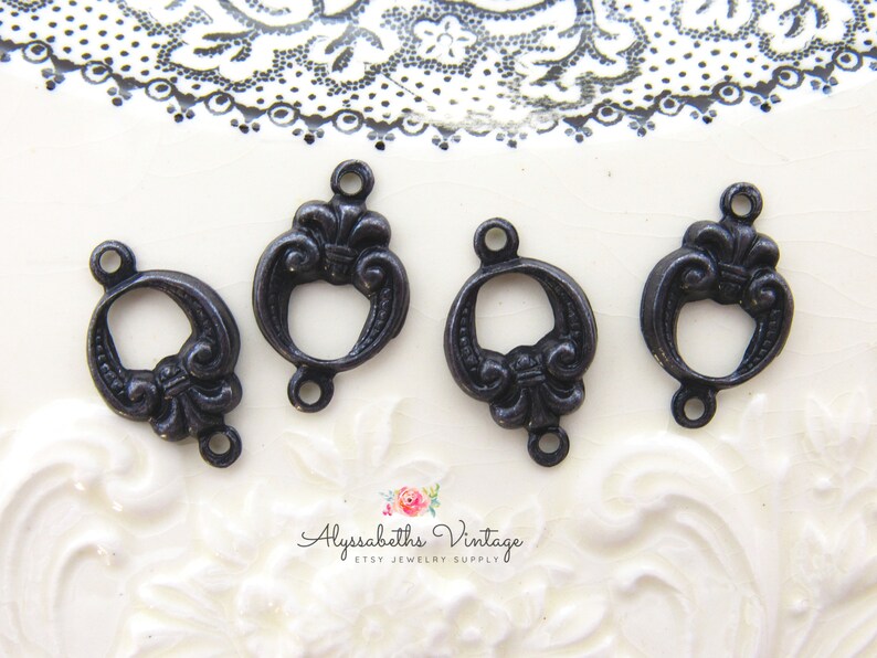 Ornate Antique Black Victorian Art Deco Fleur de Lis Connectors 2 Ring Round Aged Patina Earring 16x9mm Links 6 image 3