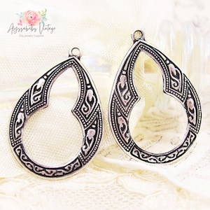 Ornate Art Deco Antiqued Silver Ox Flower Floral Embossed Teardrop Hoop Earring Dangles Drops 4 image 1