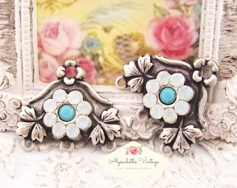 Floral Leaf White Opal & Turquoise Rhinestone Chandelier Earring Connector Black, Brass or Silver Ox Multi Strand Links 20x18mm - 2