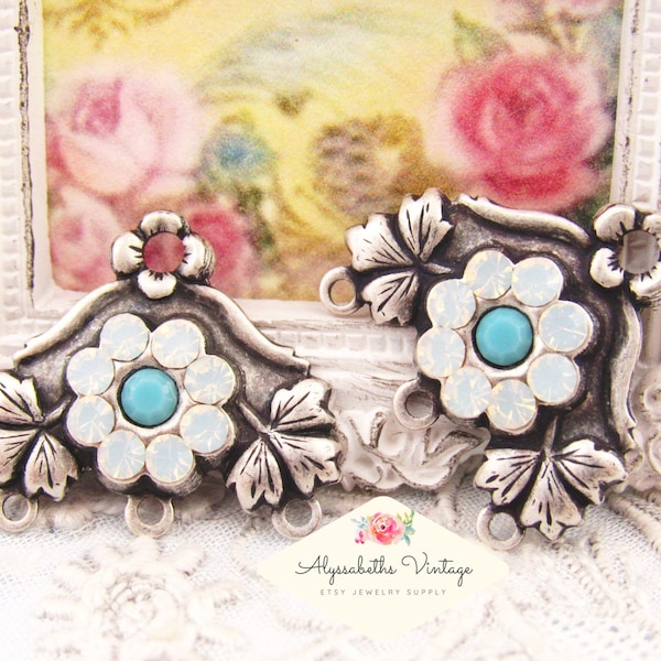 Floral Leaf White Opal & Turquoise Rhinestone Chandelier Earring Connector Black, Brass or Silver Ox Multi Strand Links 20x18mm - 2