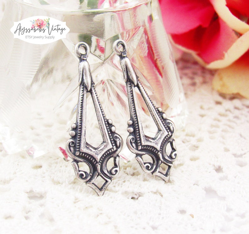 Edwardian Antique Silver Earring Dangle, Silver Ox Victorian Charms Pendants Drops 33x17mm 4 image 3