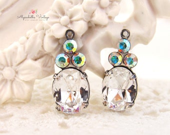 Austrian Crystal Oval & AB Crystal Rhinestones 19x8mm Set Stone Drops Dangles Raw Brass, Black, Antique Brass, Antique Silver Settings  - 2