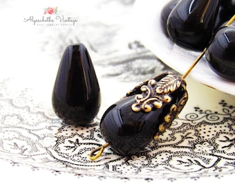 Shiny Black Glass Teardrop Beads 18x11mm Pear Shaped Czech Jet Pressed Glass Beads - 6