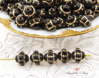 Vintage Style Opaque Jet Black & Antique Gold Wash Glass Saturn 7mm Beads, Onyx Czech Pressed Glass Beads - 25