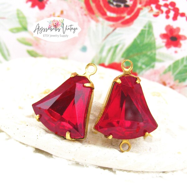 Vintage 12mm Ruby Red Rhinestone Bell Glass Stones in Brass 1 Ring Drop or 2 Ring Connector Settings - 2