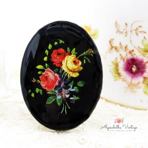 Pair Vintage German Black with Rose Floral Limoges Cabochons 30x40mm Red and Yellow Rose Plastic West German Cameos