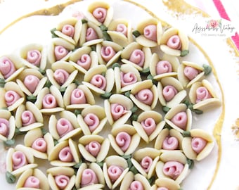 Vintage 8mm Yellow and Pink Porcelain Rose Cabochons, Matte Bisque Ceramic Flower Embellishments - 6